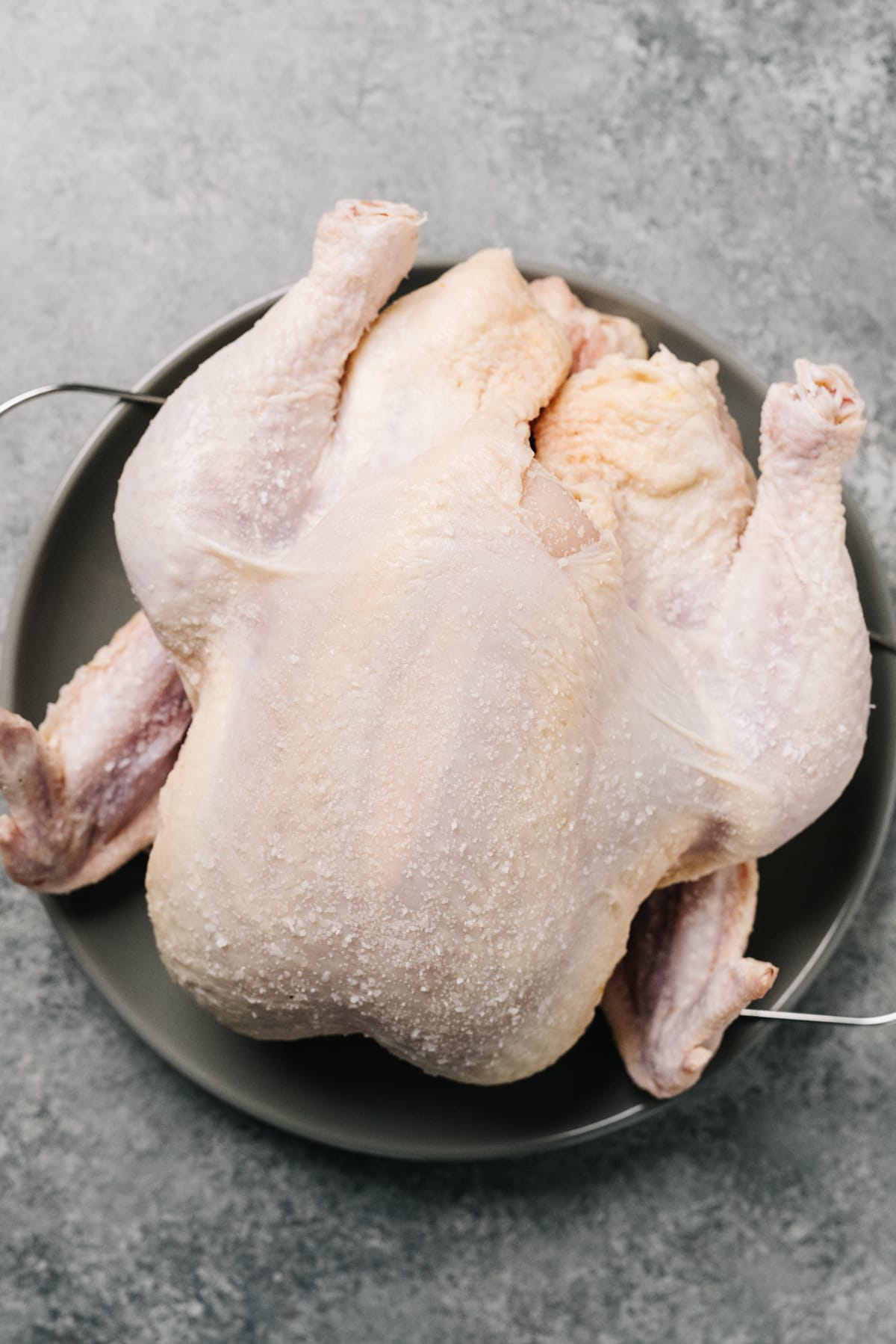 A raw chicken seasoned with kosher salt on a grey plate dry brining.