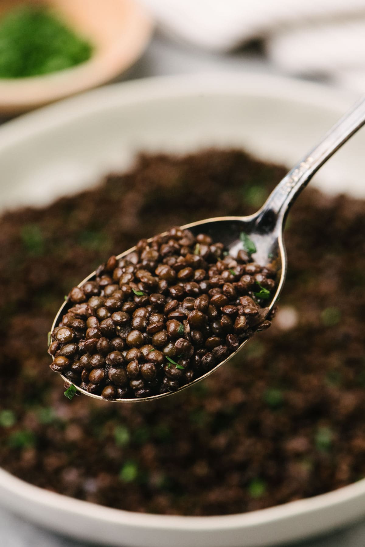 Side view, a serving spoon filled with black lentils hovering over a serving bowl.