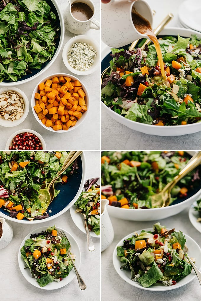 A collage of images showing an example of custom recipe photography for a butternut squash salad.