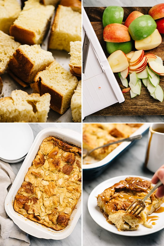 A collage of images showing an example of custom recipe photography for a bread pudding recipe.