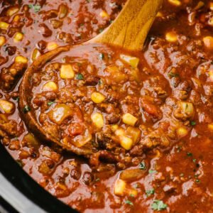 Side view, a wood ladle tucked into a slow cooker filled with taco soup.