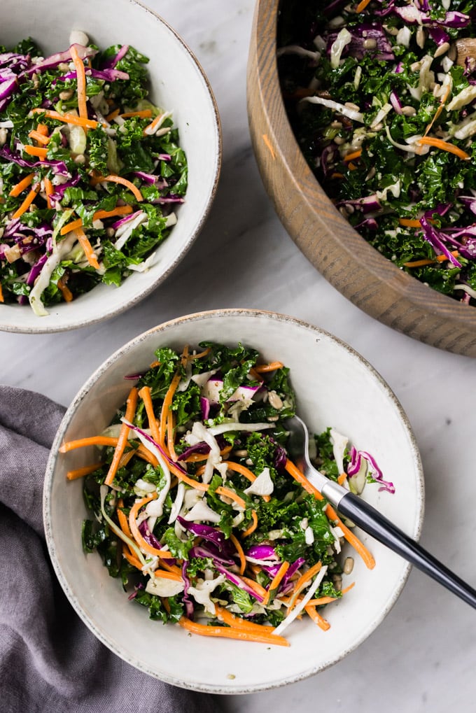 A bowl of crunchy kale slaw served as a side salad.