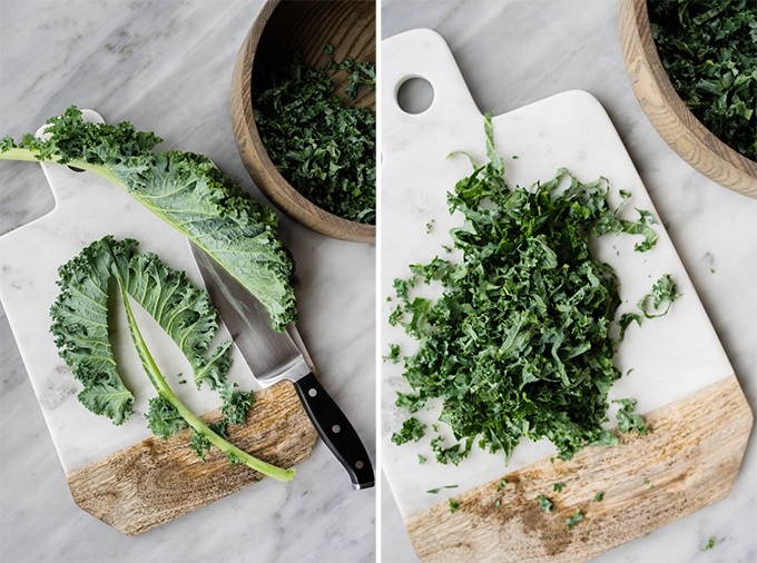 Left - how to remove kale stems. Right - sliced curly kale on a cutting board.