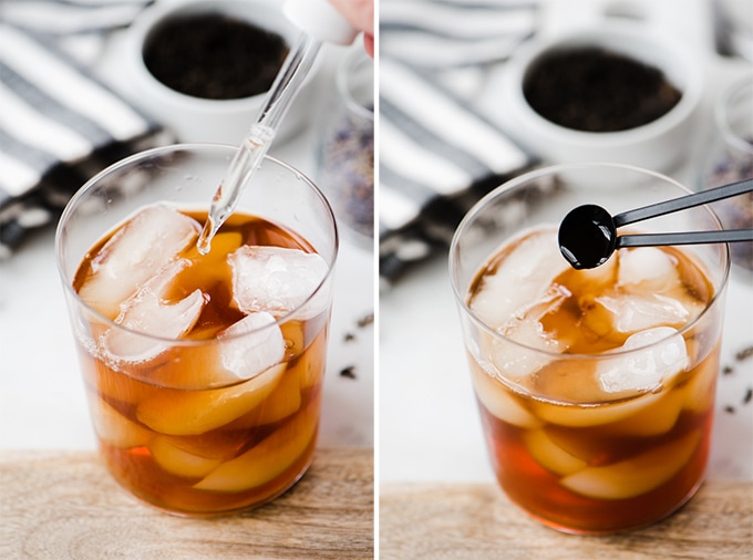 A woman's hand adding liquid stevia and then vanilla extract into an iced london fog earl grey tea latte recipe.