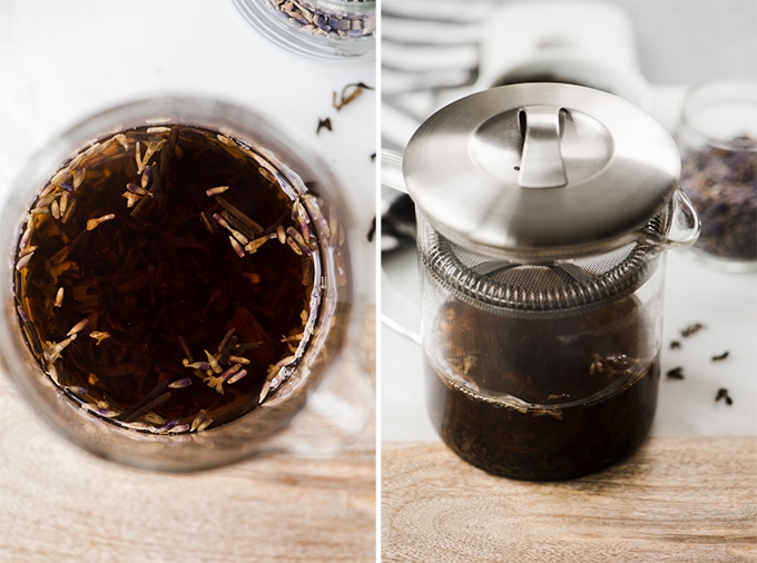 Earl grey tea and lavender leaves brewing in hot water for a london fog latte recipe.