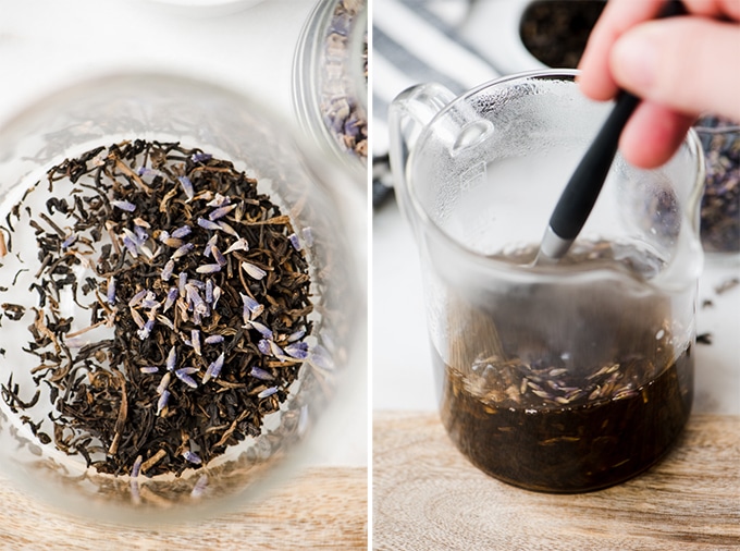 Preparing a london fog latte recipe - brewing earl grey tea with lavender leaves for a refreshing, healthy iced latte recipe.