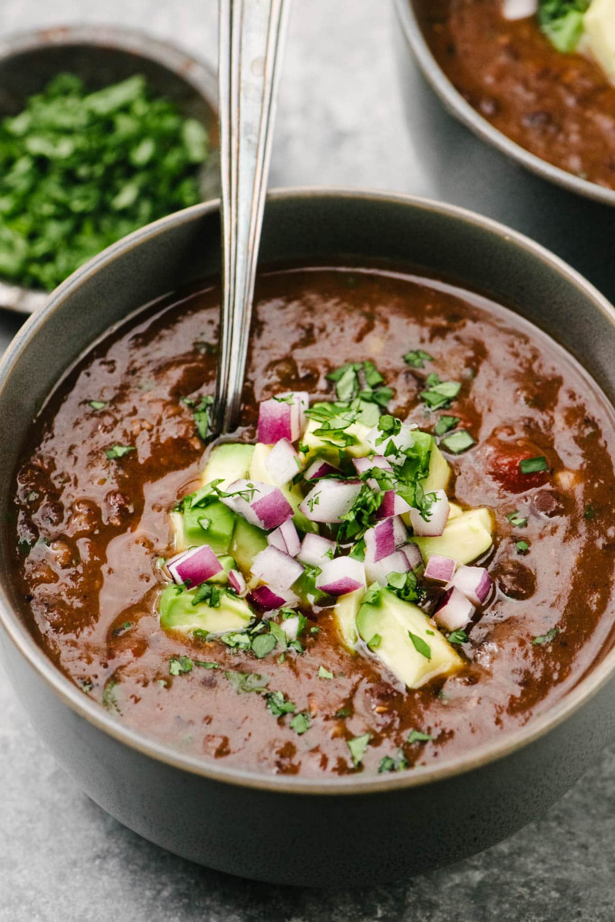 Side view, a spoon tucked into a bowl of black bean soup made in an Instant Pot; the soup is garnished with diced avocado, minced red onion, and chopped cilantro. A small bowl of cilantro and second bowl of soup are in the background.