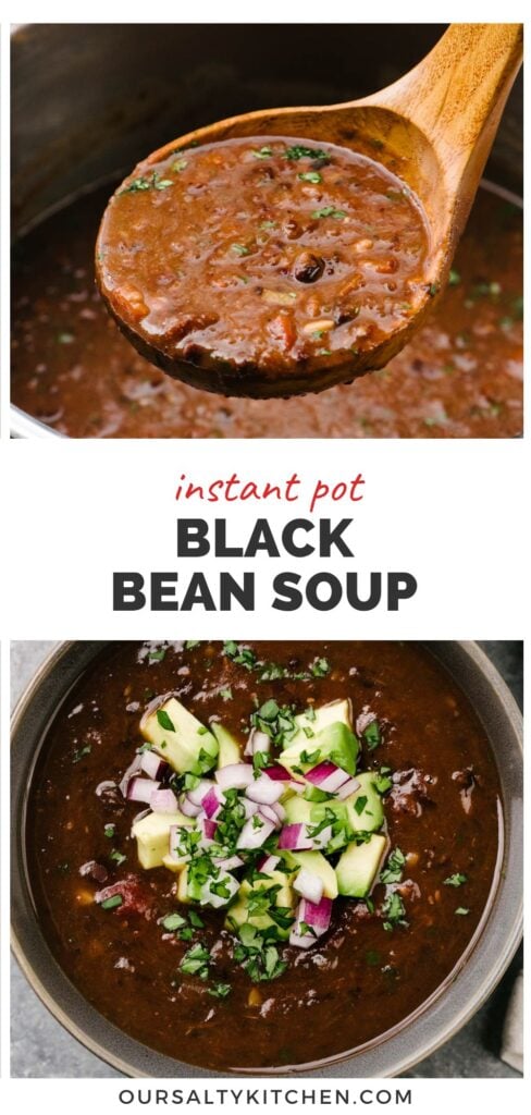 Top - side view, a wood ladle of black bean soup hovering over an Instant Pot; bottom - black bean soup in a dark grey bowl garnished with diced red onion, avocado, and fresh cilantro; title bar in the middle reads "Instant Pot black bean soup".