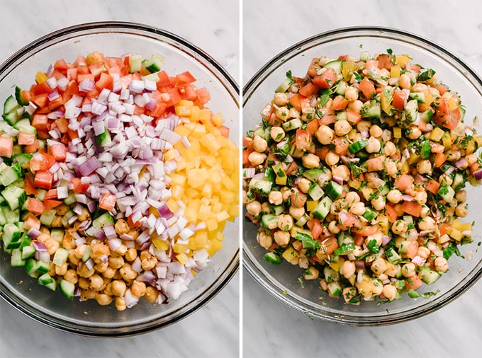 The ingredients for mediterranean chickpea salad in a large mixing bowl before and after being tossed together.