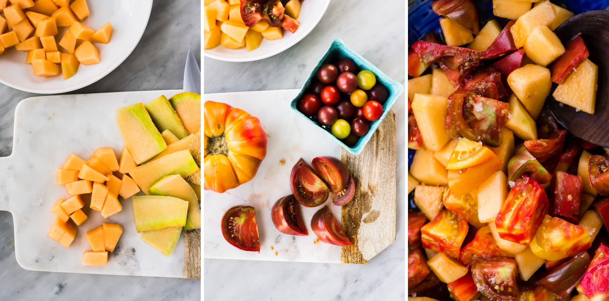 How to make melon salad. Diced cantaloupe, diced heirloom tomatoes, and tomatoes and cantaloupe tossed with sea salt.