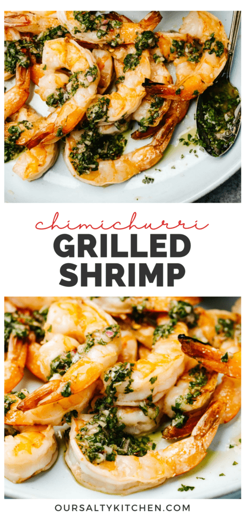 Pinterest collage for a chimichurri grilled shrimp recipe.