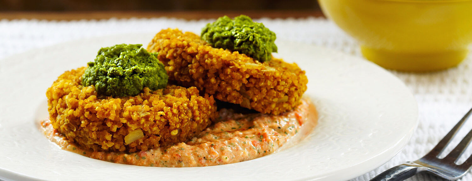 Curried Millet Cakes with Creamy Red Pepper Coriander Sauce